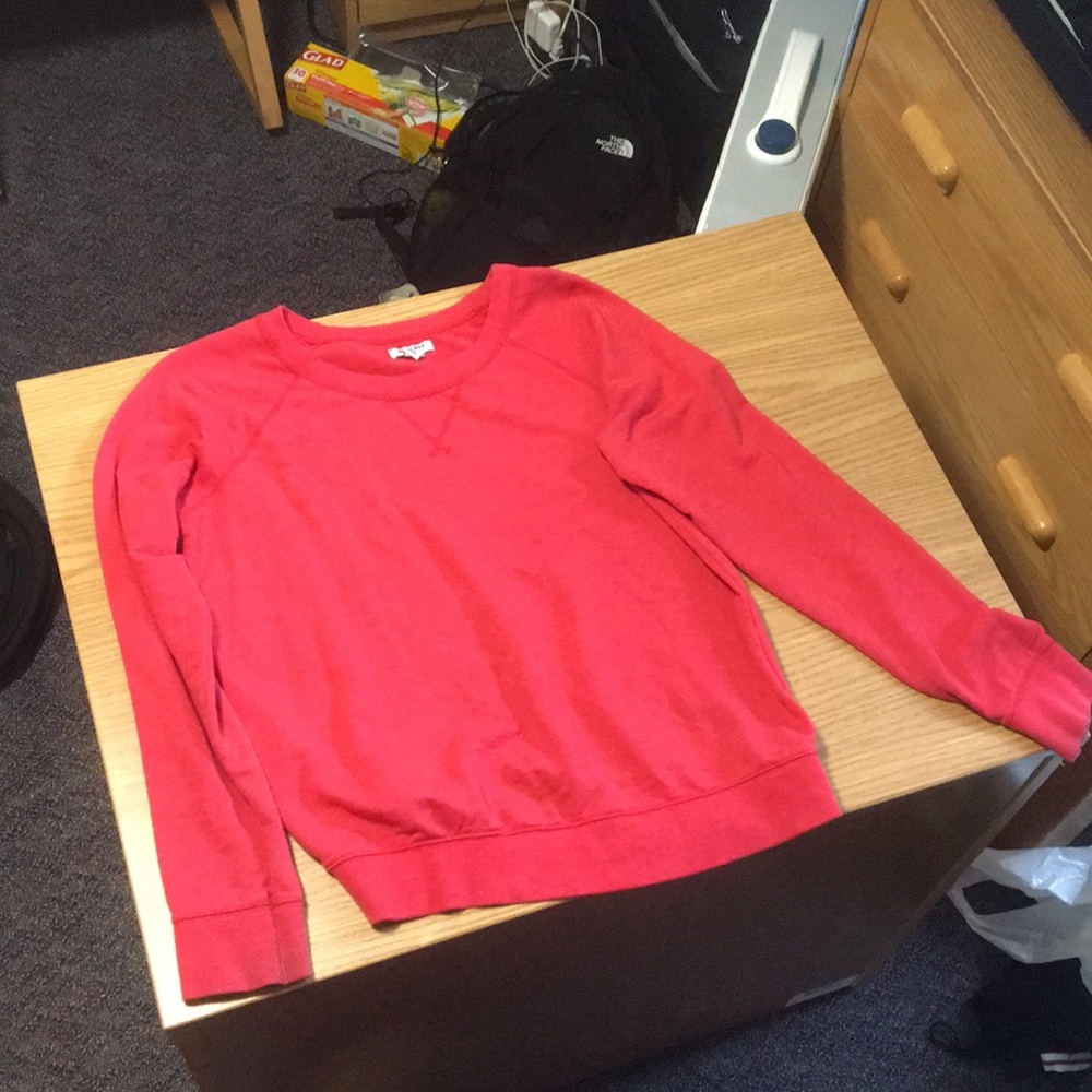 Light red sweater: brand is “Old Navy”